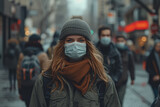 Fototapeta Uliczki - A candid street shot of people in a bustling city, all wearing masks, highlighting the new normal in urban settings. Concept of adaptation and resilience in city life. Generative Ai.