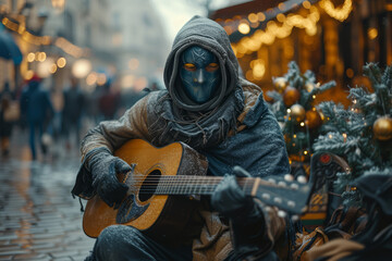 Sticker - A shot of a masked street musician playing for a sparse audience, illustrating the changes in public entertainment. Concept of performing arts and public life adaptations. Generative Ai.