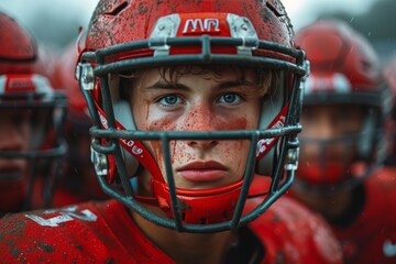 Wall Mural - A determined player dons his red football helmet, ready to conquer the field in his team's uniform and sporting the fierce determination of a true athlete