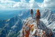 A group of adventurous mountaineers stand atop a rugged mountain, gazing out at the vast expanse of sky and clouds that surround them, in awe of the breathtaking nature and endless possibilities for 