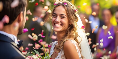 Wall Mural - Wedding shot of a young happy beautiful bride and groom at a wedding ceremony