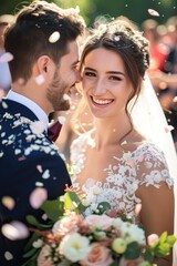 Wall Mural - Wedding shot of a young happy beautiful bride and groom at a wedding ceremony