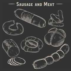 Sausage set vector illustration. Collection of sausages and sausages with grunge effect. EPS 10