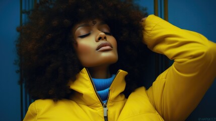 Sticker - A woman with an afro wearing a yellow jacket. Generative AI.