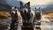 three wolves on the riverside with mountain 