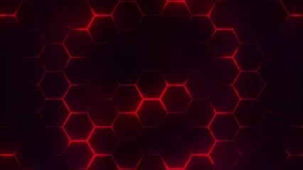 Futuristic hexagons honeycomb cyberspace surface, 4k Abstract Trendy Technology Background with glowing red neon lights moving waves, looping animation
