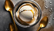Ice cream, bowl, metal, vanilla, gold, spoon, top view, close-up