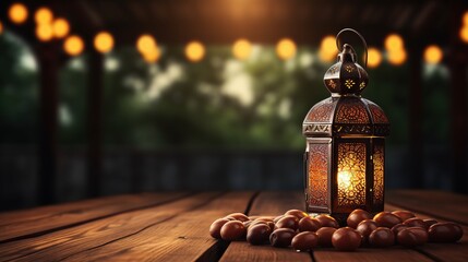 Wall Mural - The Muslim feast of the holy month of Ramadan Kareem. Beautiful background with a shining lantern Fanus. Free space for your text. Generative Ai