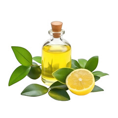 fresh raw organic lemon eucalyptus oil in glass bowl png isolated on white background with clipping path. natural organic dripping serum herbal medicine rich of vitamins concept. selective focus