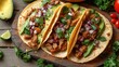 mexican street tacos flat lay composition with pork carnitas, avocado, onion, cilantro