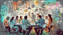 Innovation And Creativity: Group Brainstorming In Front Of A Giant Whiteboard Filled With Colorful Sticky Notes And Sketches, Vector Illustration