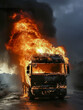 Freight truck burning in flames, french farmers, Agricultural workers protesting against tax increases