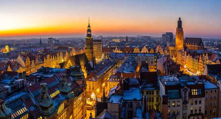 Poster - View of Wroclaw market square after sunset, Poland