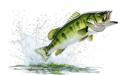 Wall Mural - White background. Green bass jumping out of water.  