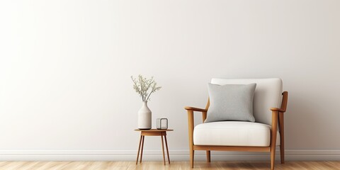 Poster - Modern-style living room with fabric armchair, side table, and empty white wall on wood floor