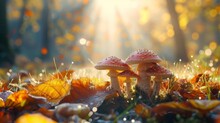 Beautiful Closeup Of Forest Mushrooms In Grass, Autumn Season. Little Fresh Mushrooms, Growing In Autumn Forest. Mushrooms And Leafs In Forest. Mushroom Picking Concept. Magical With Ray Sunlight