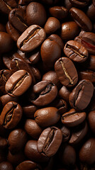 Background with a top view of oily coffee beans, rich contrast