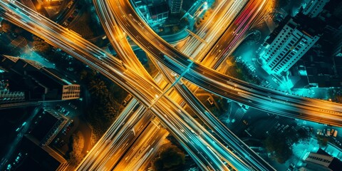 Poster - Expressway top view, Road traffic an important infrastructure, car traffic transportation above intersection road in city night, aerial view cityscape of advanced innovation, financial technology