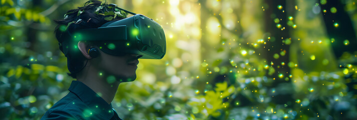 Wall Mural - Young man wearing virtual reality goggles in green forest. Future technology concept.