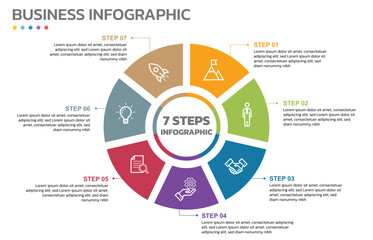 Poster - Visual data presentation. Cycle diagram with 7 options. Pie Chart Circle infographic template with 7 steps, options, parts, segments. Business concept. Marketing infographic vector illustration.