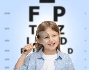 Sticker - Vision test. Little girl with magnifying glass and eye chart on gradient background