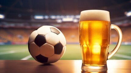 Wall Mural - A full beer mug beside a soccer ball with a stadium in the soft focus background, evoking sports fan excitement.