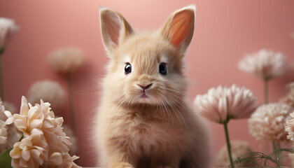 Sticker - Fluffy baby rabbit sitting in grass, looking at camera generated by AI