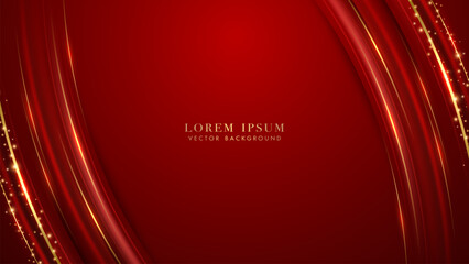 Wall Mural - abstract red curve shape background with glowing light, golden line, and glitter light effect decora
