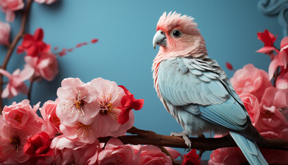 Wall Mural - Cute macaw perching on branch, surrounded by vibrant flowers generated by AI