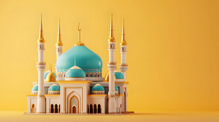 Wall Mural - Miniature mosque isolated on yellow background. for islamic celebration day ramadan kareem or eid al fitr adha. copy space, mockup. front view.