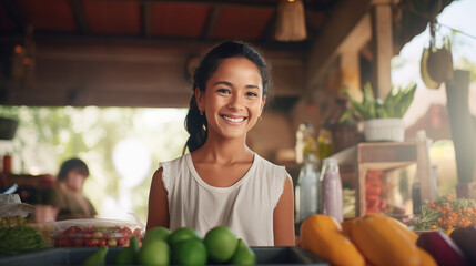 Wall Mural - Farmer's Market. Smiling woman, stallholder, selling her products