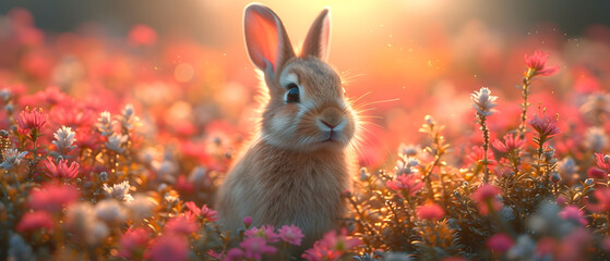 Wall Mural - Rabbit Sitting in a Field of Flowers