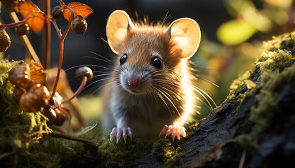 Poster - Cute small rodent sitting on branch, looking at green grass generated by AI