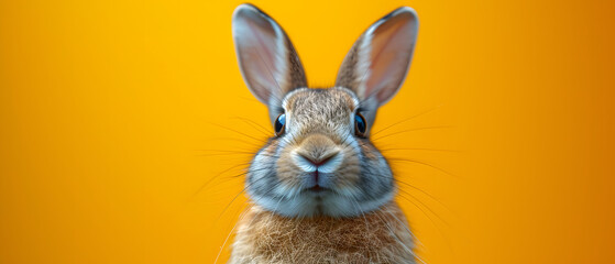 Wall Mural - Close Up of Rabbits Face With Yellow Background
