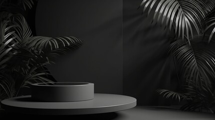 3d render mockup podium stand table shelf. Black white abstract background. Palm tree leaf shadow. Nature. Dark gray. Design beauty product cosmetics. Wall stage room studio. Design concept. Creative