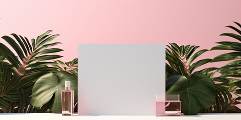 Canvas Print - Empty space for displaying cosmetic product packaging on a white and pink background with palm leaves and shadows, used for advertising purposes. Mockup stand.