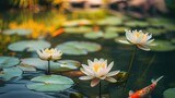 Fototapeta Kwiaty - A serene pond with water lilies, koi fish visible below the surface