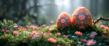 Two Decorated Eggs On Top Of A Lush Green Field