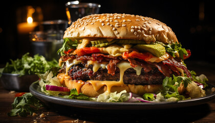 Wall Mural - Grilled gourmet burger with fresh vegetables, cheese, and homemade guacamole generated by AI