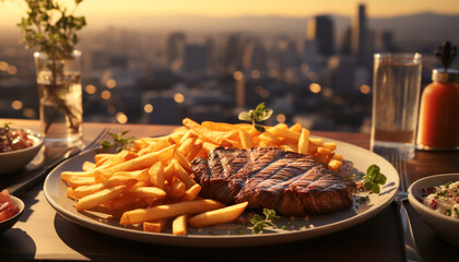 Poster - Grilled steak, fries, and drink on cityscape background at dusk generated by AI