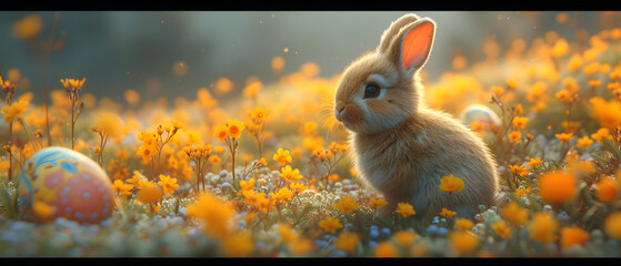 Wall Mural - Rabbit Sitting in a Meadow of Wildflowers