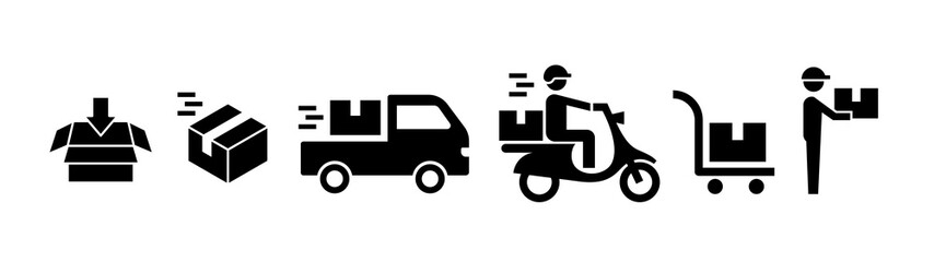 Delivery service concept icon set. Solid style black color icons.