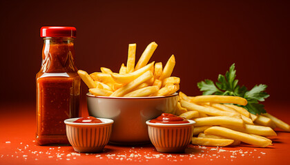 Poster - Freshly prepared gourmet meal grilled beef, crispy French fries, and refreshing cola generated by AI