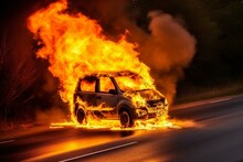Blazing Vehicle Engulfed In Flames On Road. Generative AI