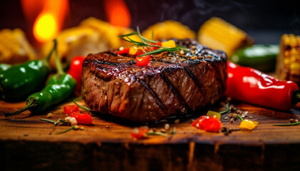 Canvas Print - Grilled steak, fresh meat, flame cooked, natural barbecue, gourmet meal generated by AI