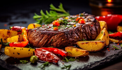 Canvas Print - Grilled steak, fresh vegetables, and natural flame create a gourmet meal generated by AI