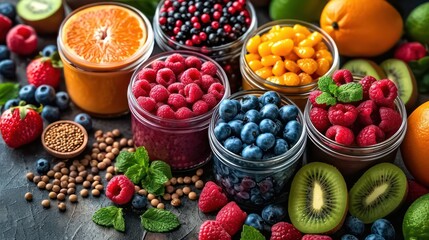 Colorful fresh and healthy fruits and berries, featuring strawberries, blueberries, apples, grapes, and raspberries on table.