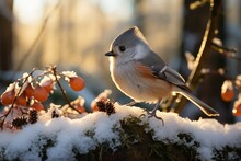 The Tufted Titmouse Sits On A Tree Branch On A Winter Sunny Day. Front View
