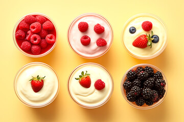Wall Mural - Healthy mix berries fruits, plain yogurt and strawberry yogurt variation organic food breakfast cereal clean eating selection on pastel yellow background. colorful fruits top view flat lay