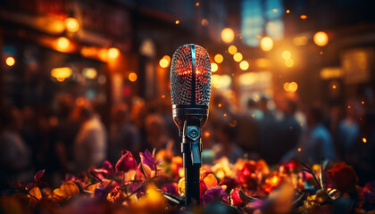 Poster - Rock musician performs on stage with microphone, spotlight, and audience generated by AI